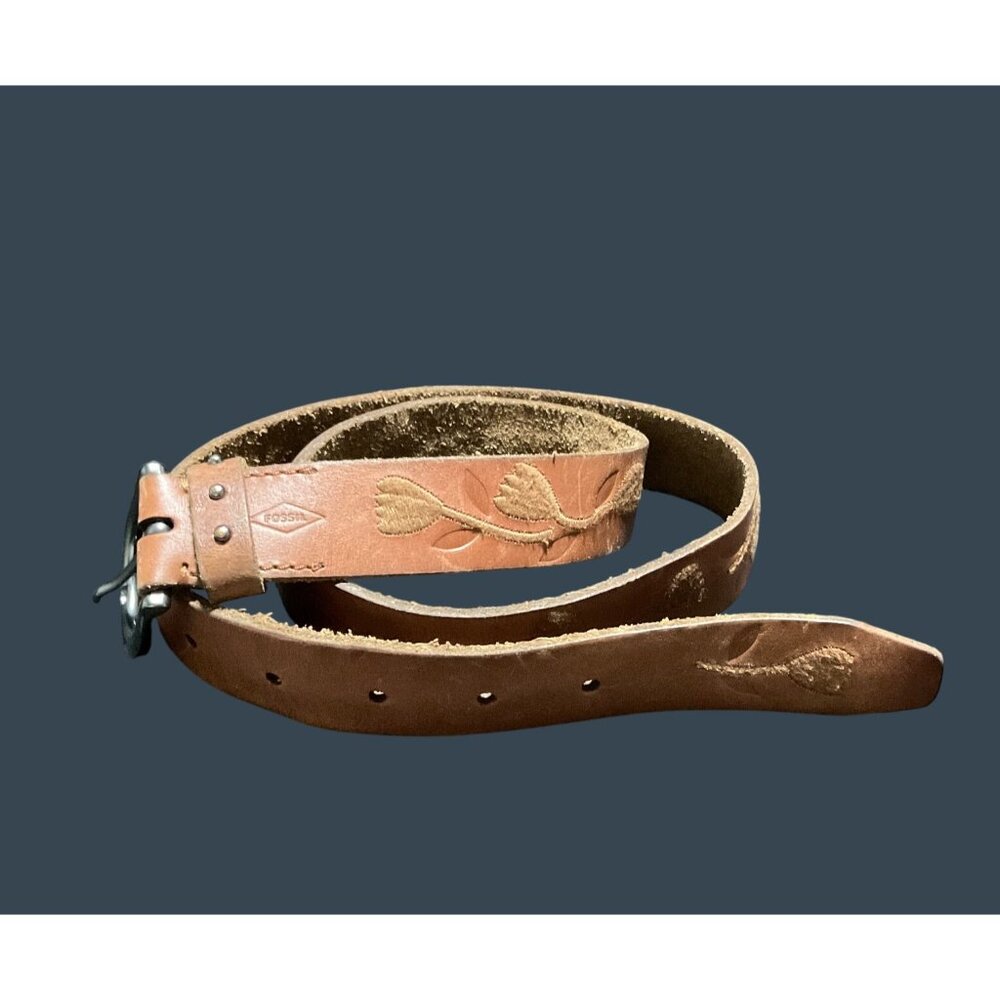 Fossil Women's Embossed Embroidered Brown Leather Belt With Floral Pattern Sz S - Picture 2 of 7